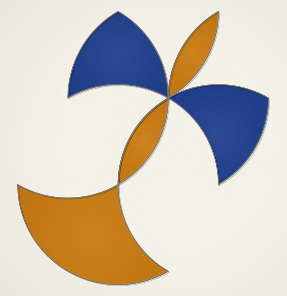 A bird made of blue and orange glass shapes, every edge a curve.