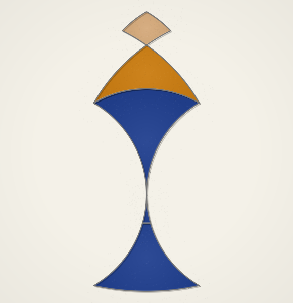 A candle of blue glass with an orange flame and a pale tip, the sides curving inward.