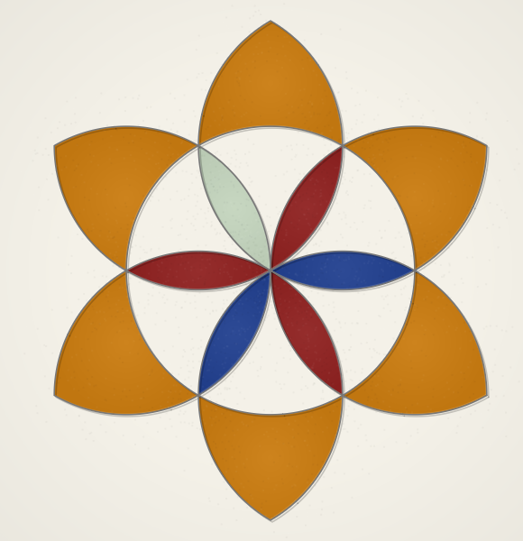 A six-petalled rose window of orange, red, blue and pale green glass.