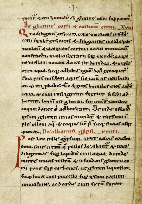 A manuscript page in a single column with two red chapter headings, from the London copy of Theophilus's book.