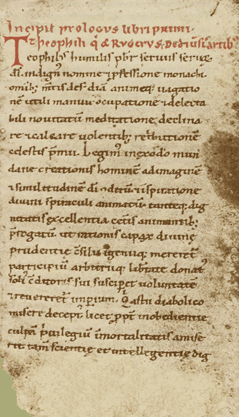 A manuscript page in brown ink with a red heading, the first page of Theophilus's book in the Vienna copy.
