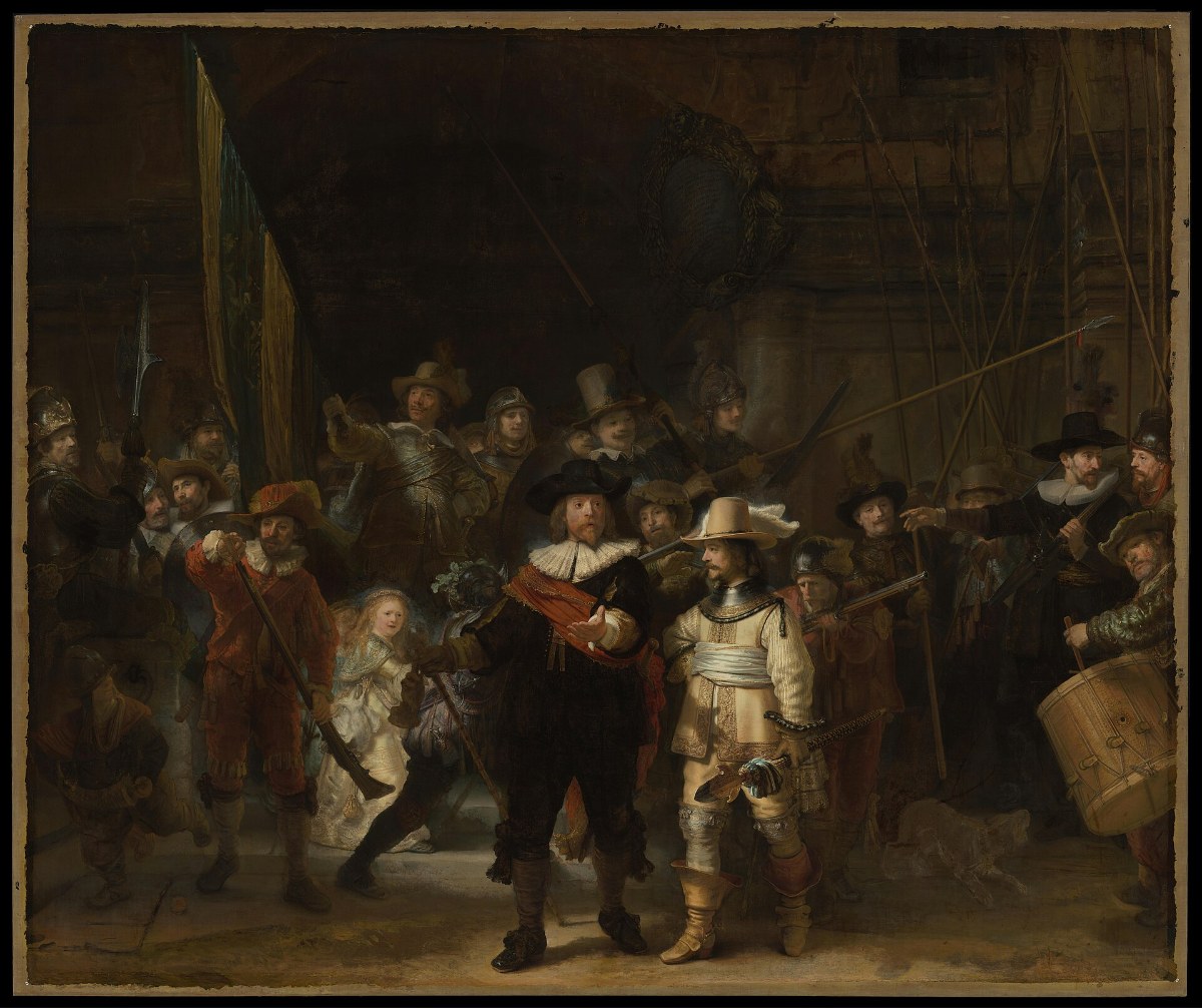 Rembrandt's huge painting of a company of guards with muskets and a banner, stepping out of shadow into light.